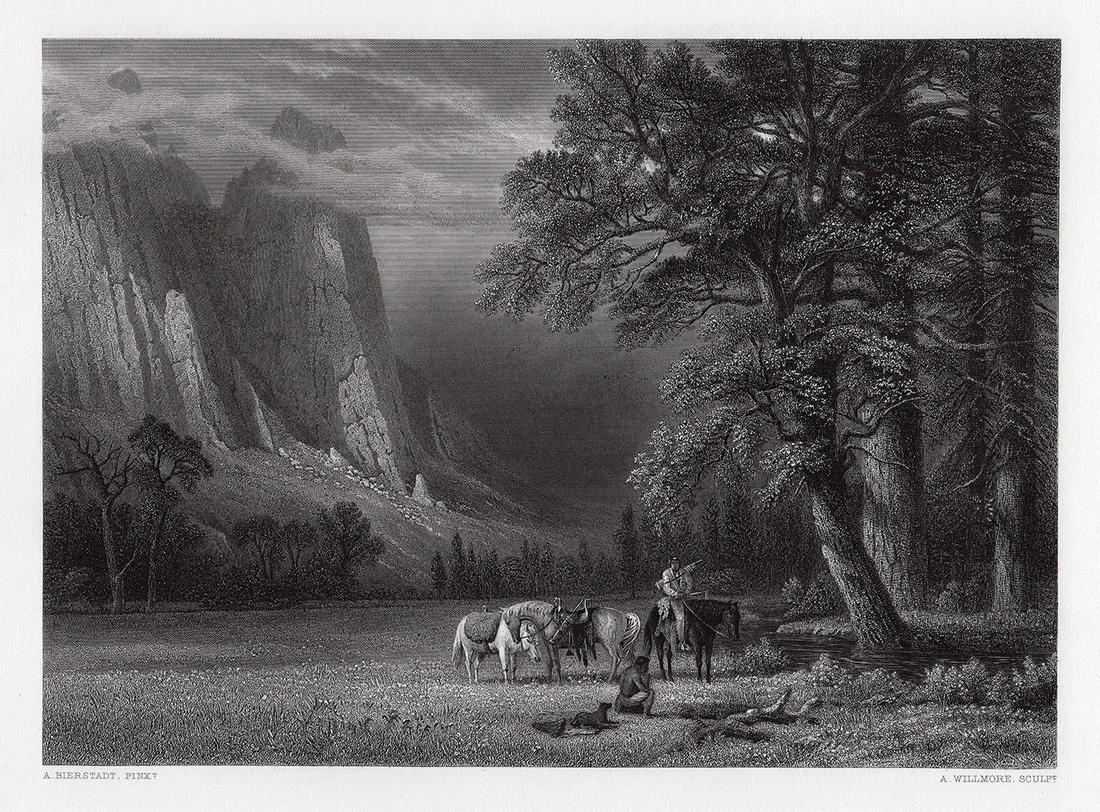 Albert Bierstadt The Halt in a Valley, South America: Albert Bierstadt. (American, 1830 - 1902). The Halt in a Valley, South America. Antique Steel Engraving on wove paper after the original by master engraver Arthur Willmore (1814-1888). 1875. Signed in