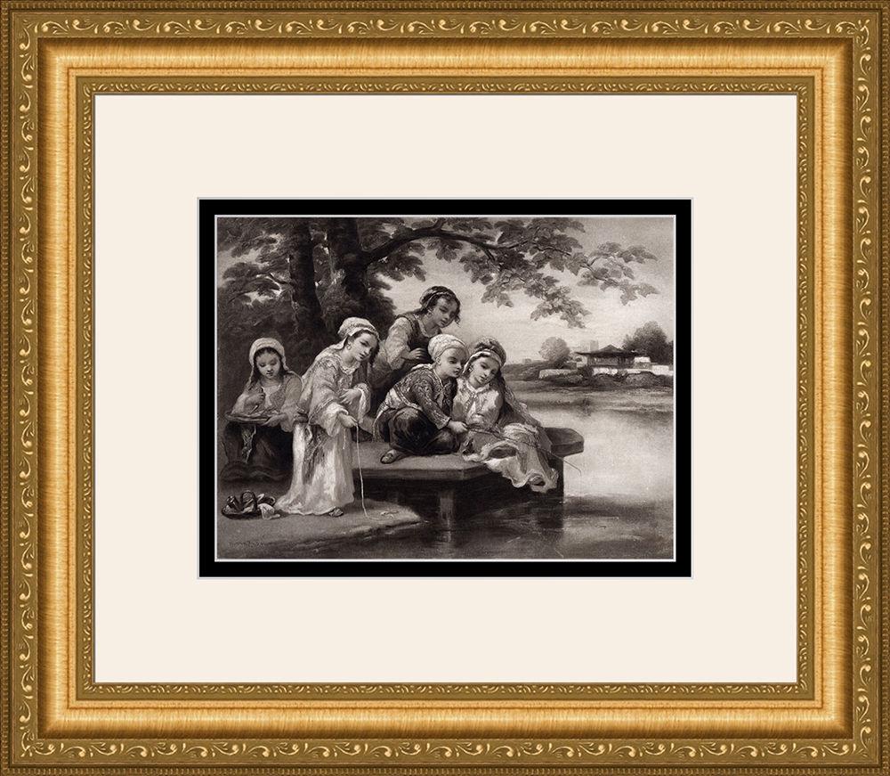 Diaz Fishing Party in Turkish Costumes 1800's Antique: Nacisse-Virgile Diaz (French, 1807-1876). A Fishing Party in Turkish Costumes. Antique Heliogravure on Heavy Wove Paper after the Original Painting. c. 1880. Excellent. Image Size 7 1/2 x 10 inches. A