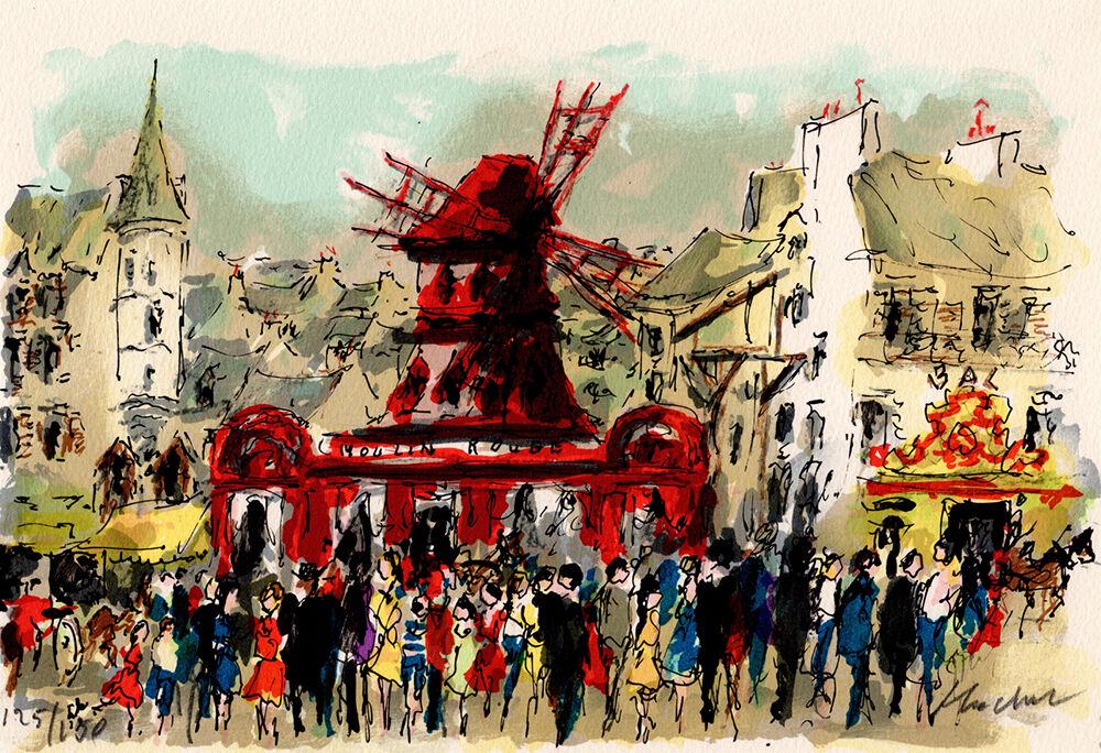 ORIGINAL Urbain Huchet Color Lithograph "The Moulin: Urbain Huchet (French, 1930 - 2014) Moulin Rouge. Color Lithograph on Arches rag paper. Hand Signed by the artist lower right, Numbered in pencil lower left We have Several in stock including artist p