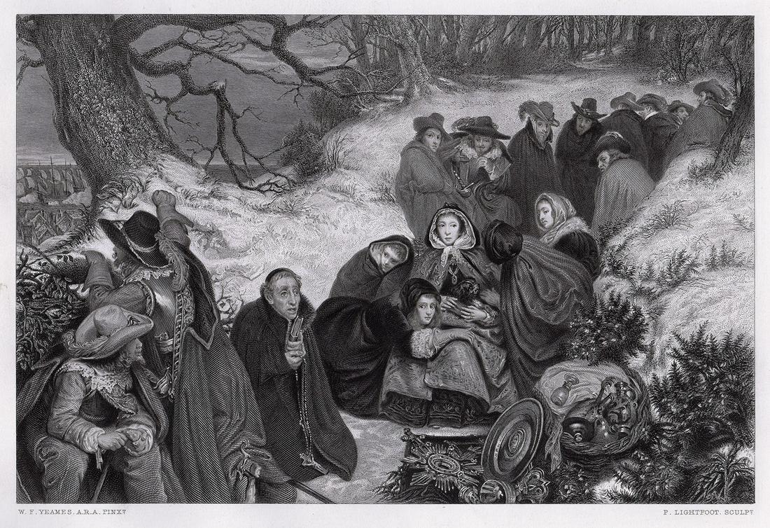 1869 William Frederick Yeames The Peril of the Queen: William Frederick Yeames. (British, 1835-1918). The Peril of the Queen Henrietta Maria. Antique engraving on wove paper after the original by master engraver F. Lightfoot. 1869. Signed in the plate. E