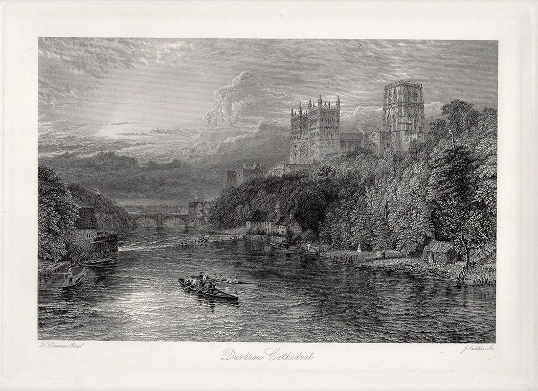 Henry Dawson Durham 1883 engraving: Henry Dawson. (British, 1811-1878). Durham. Antique engraving on heavy wove paper after the original by master engraver John Saddler (1813-1892). 1883. Excellent. Image size 8 1/8 x 11 1/2 inches. App