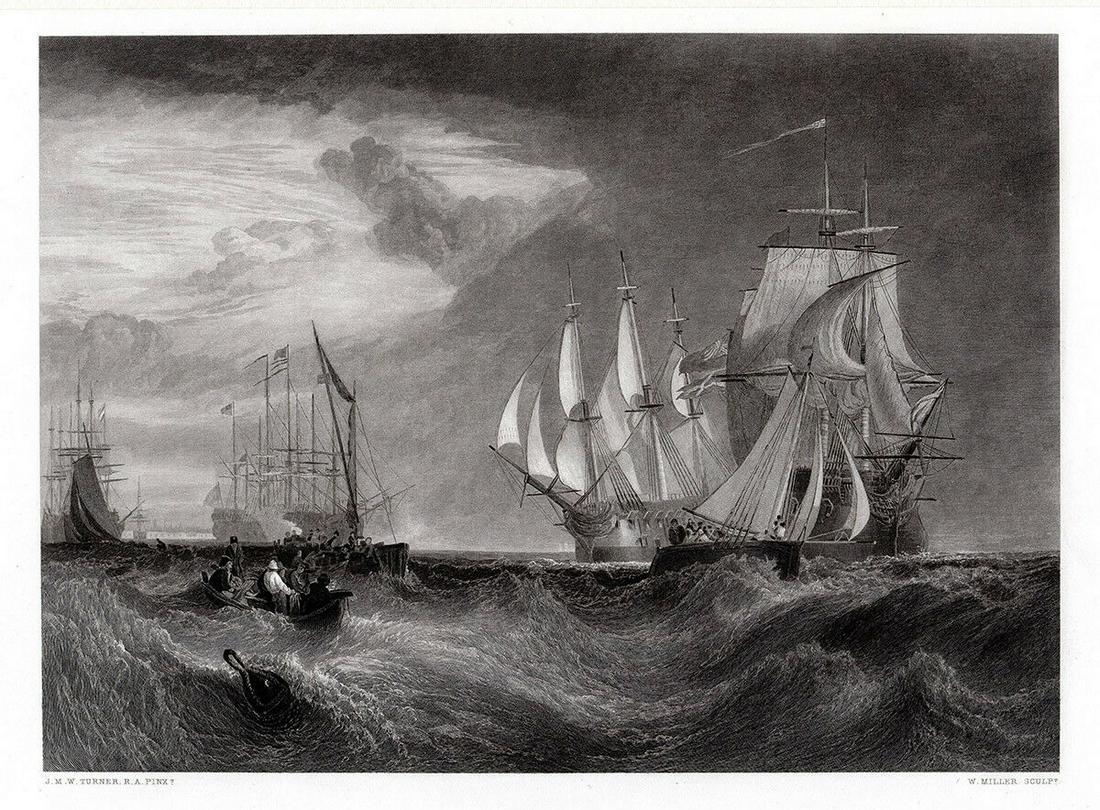 Joseph Mallord William Turner 1862 engraving Spithead: Joseph Mallord William Turner. (English, 1775-1851). Spithead (Spithead: Two Captured Danish Ships Entering Portsmouth Harbour). Antique engraving on wove paper after the original oil paint on canvas