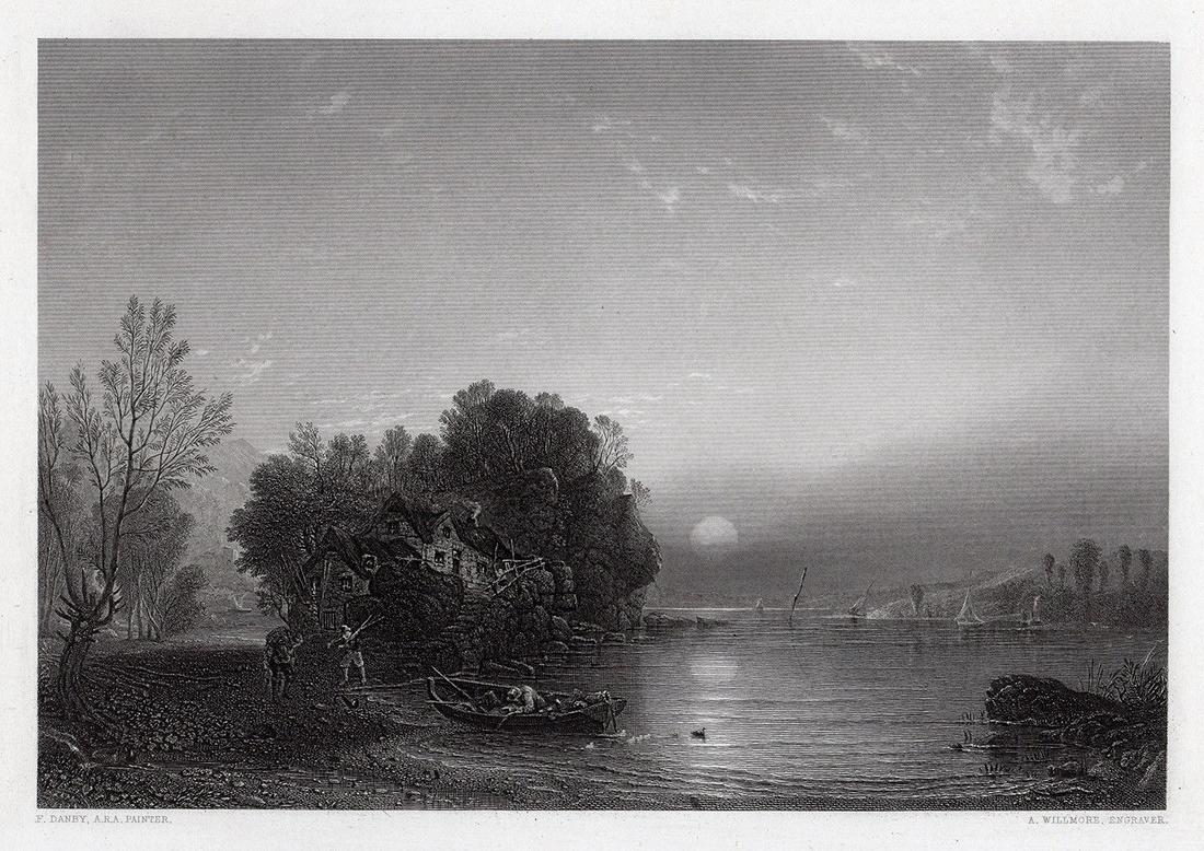 Francis Danby 1852 engraving The Fisherman's Home: Francis Danby. (Irish, 1793 - 1861). The Fisherman's Home. Antique engraving on wove paper after the original by master engraver Arthur Willmore (British, 1814-1888). 1852. Signed in the plate. Excell