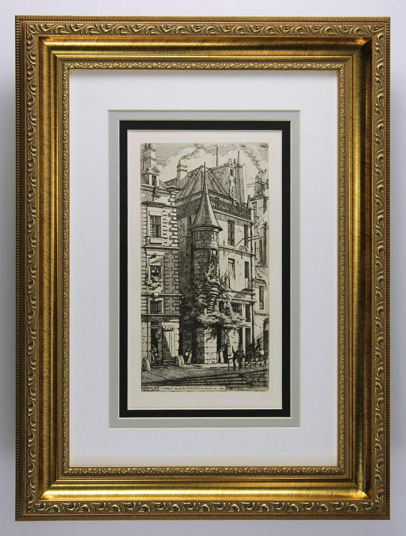 Charles Meryon Tourelle de la rue de la Tixeranderie,: Charles Meryon. (1821-1868). Tourelle de la rue de la Tixeranderie, Paris (House with a Turret, on the Weaver's Street; Paris). Hand Pulled Copper Plate Etching after the original on blue tinted laid