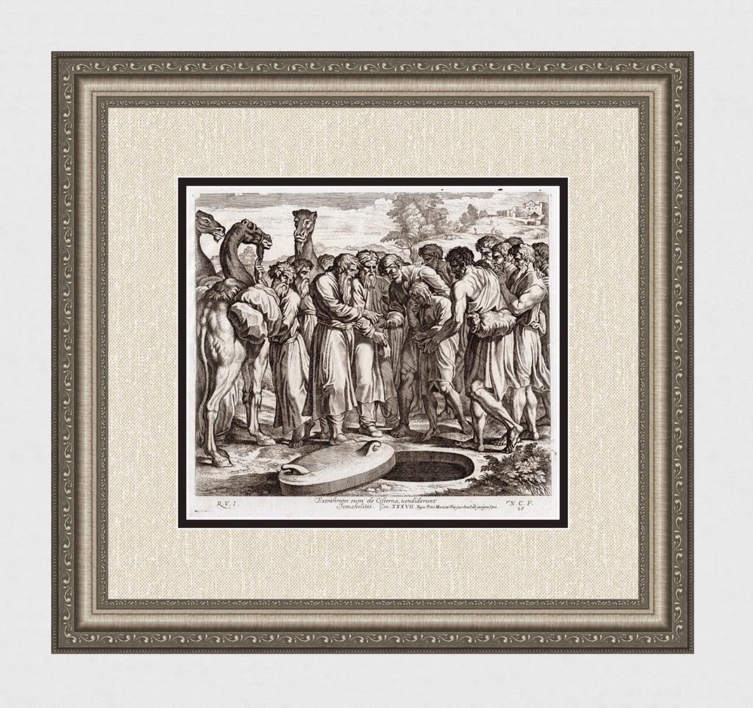 Raphael 1649 Engraving Vatican Joseph's brother plot to: Raphael (Italian, 1483-1520). Joseph's brother plot to throw him down the well. Antique 1649 engraving on laid paper after the original from the series of etchings Biblical Scenes, after the frescoes 