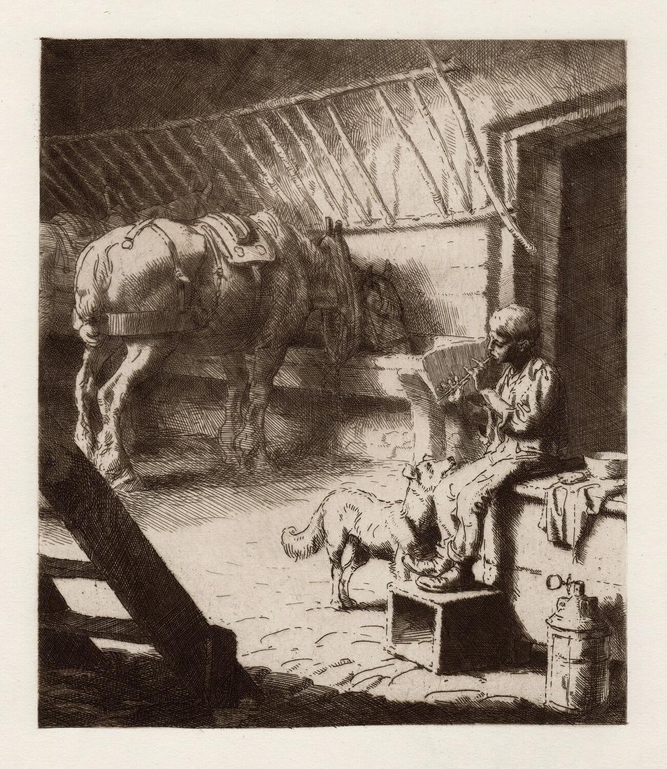 Joseph Benwell Clark The Dinner Hour 1884 etching: Joseph Benwell Clark. (1857-1938). The Dinner Hour. Antique etching on wove paper. 1884. Excellent. Image Size 6 7/8 x 8 inches. Approximately 16 x 17 inches. This piece has been professionally matted