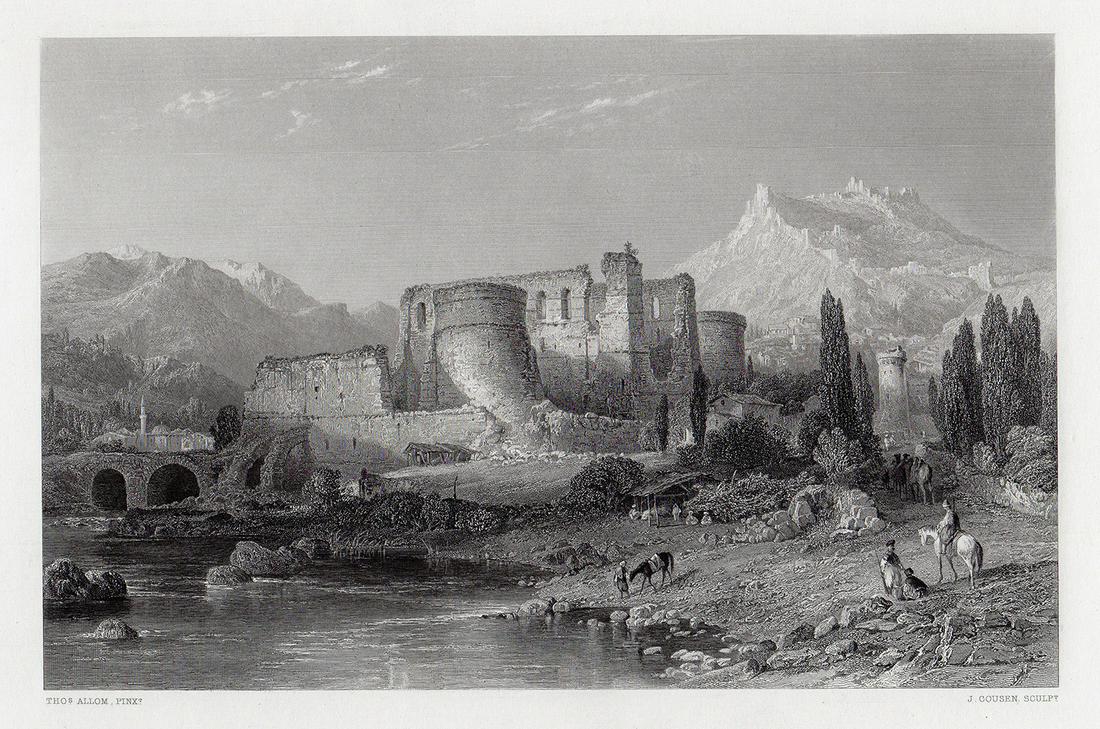 Thomas ALLOM 1800s Engraving "Ancient Pergamos Castle": Thomas Allom (English, 1804-1872). Pergamos. Antique engraving on wove paper after the original painting by master engraver John Cousen (Bradford 1804â€“1880 London). Signed in the plate. Year: 1