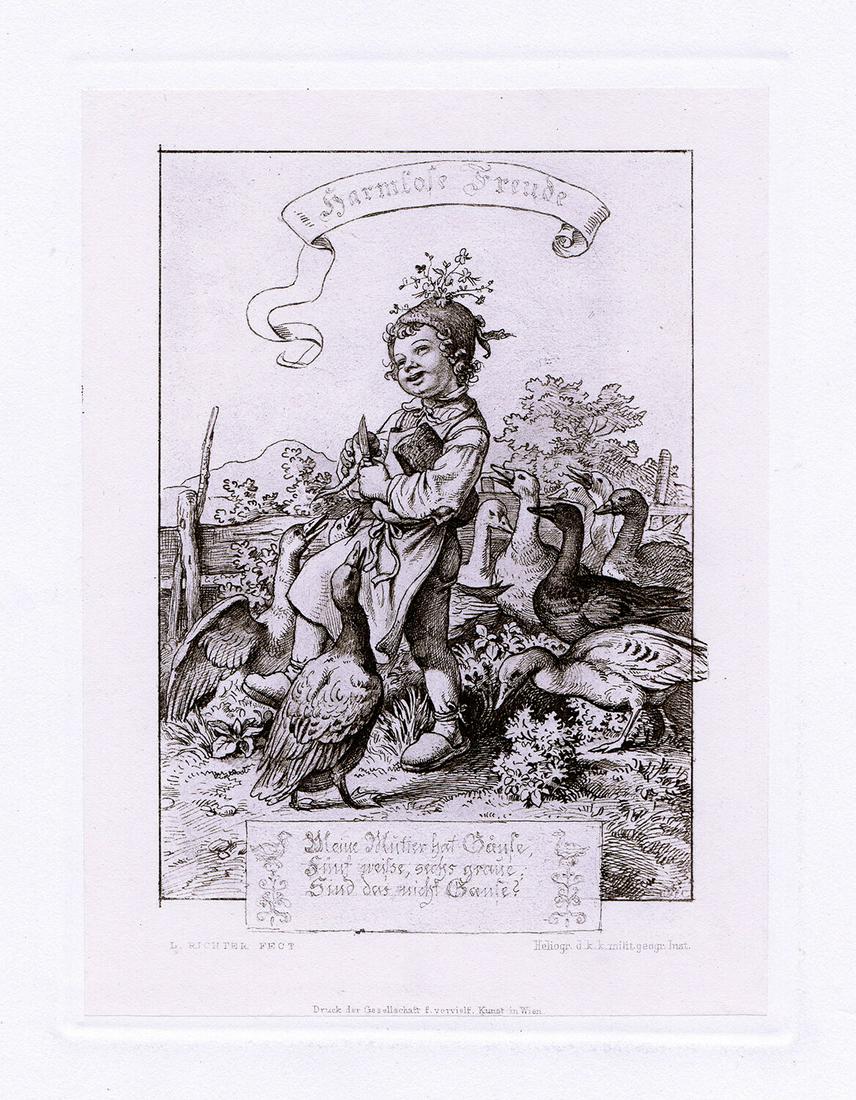 Adrian Ludwig Richter Harmlose Freude (Boy with Geese): Adrian Ludwig Richter. (German, 1803-1884). Harmlose Freude (Boy with Geese). Antique Heliogravure after the original on wove paper. 1887. Signed in the plate. Excellent. Heliografie d.k.k. milit. geo