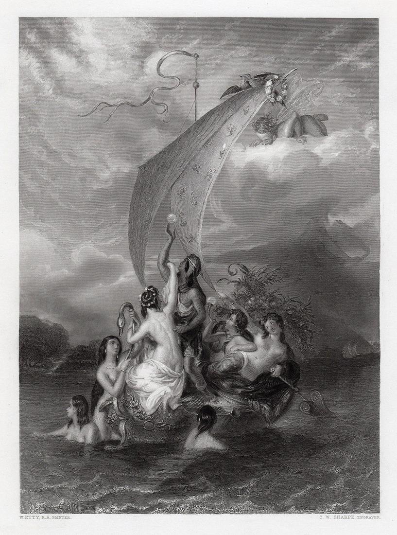 William Etty Youth and Pleasure 1850 engraving signed: William Etty. (English, 1787 - 1849). Youth and Pleasure (Youth on the Prow, and Pleasure at the Helm). Antique engraving on wove paper after the original oil painting by master engraver Charles Willi