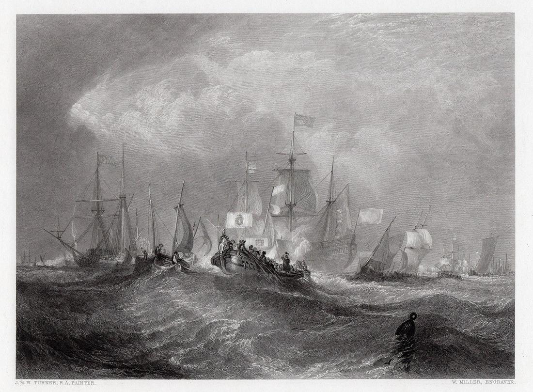 Joseph Mallord William Turner 1852 engraving The Prince: Joseph Mallord William Turner. (English, 1775-1851). The Prince of Orange Landing at Torbay. Antique steel engraving on wove paper after the original oil paint on canvas by master engraver William Mil