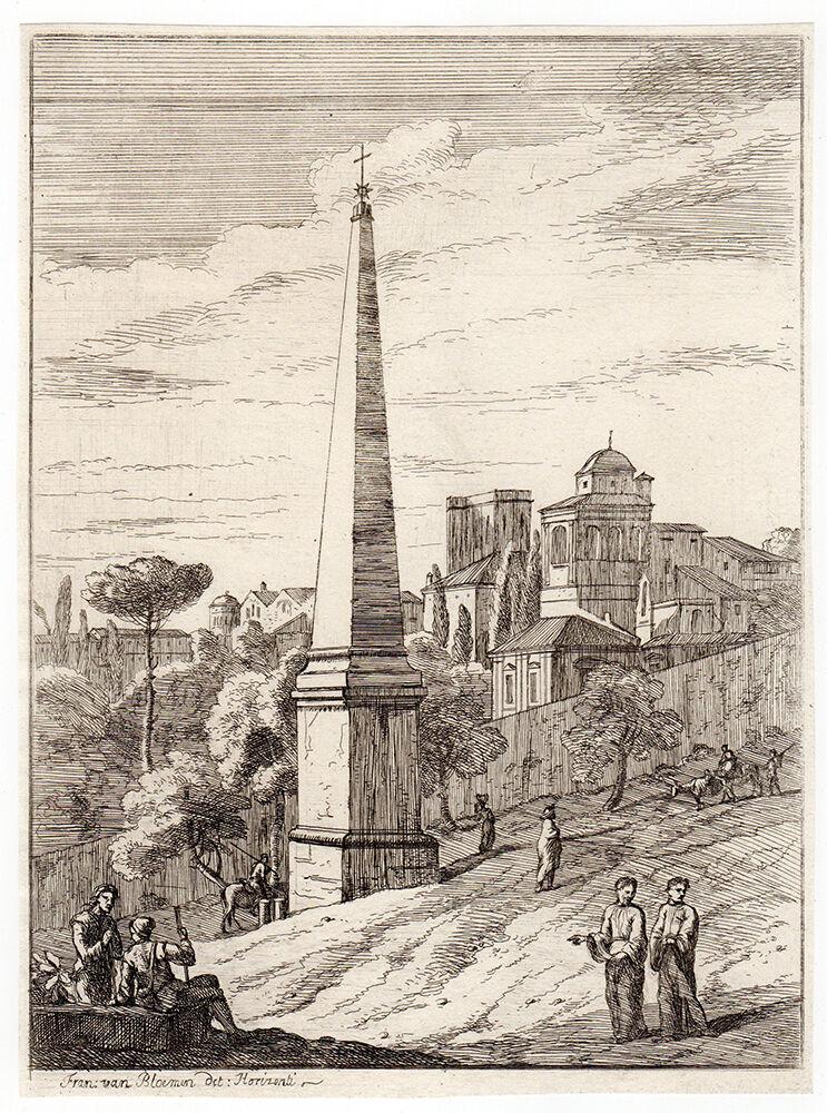 1701/1816 Jan Frans van Bloeman The Obelisk etching: Jan Frans van Bloeman. (Flemish, baptized 1662-1749). The Obelisk. Antique hand pulled copper plate etching on china paper. 1701/1816. Signed in the plate, lower left. Excellent. Image Size 7 x 9 1/4