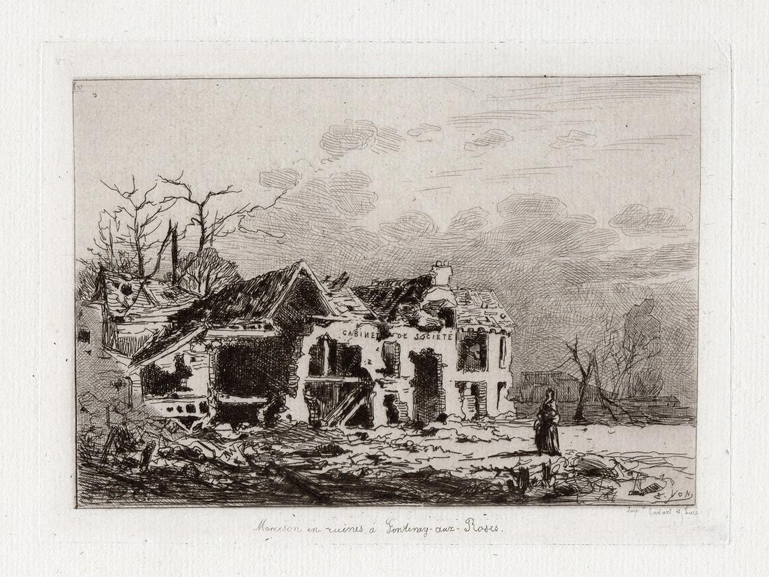 Edmond Yon Fontenay-aux-Roses 1871 Etching: Edmond Yon (Edmond Charles Joseph Yon) (French, 1841-1897). Ruined house in Fontenay-aux-Roses (Maison en ruines Ã Fontenay-aux-Roses). Original etching on laid paper. 1871. Signed in the plate, lo