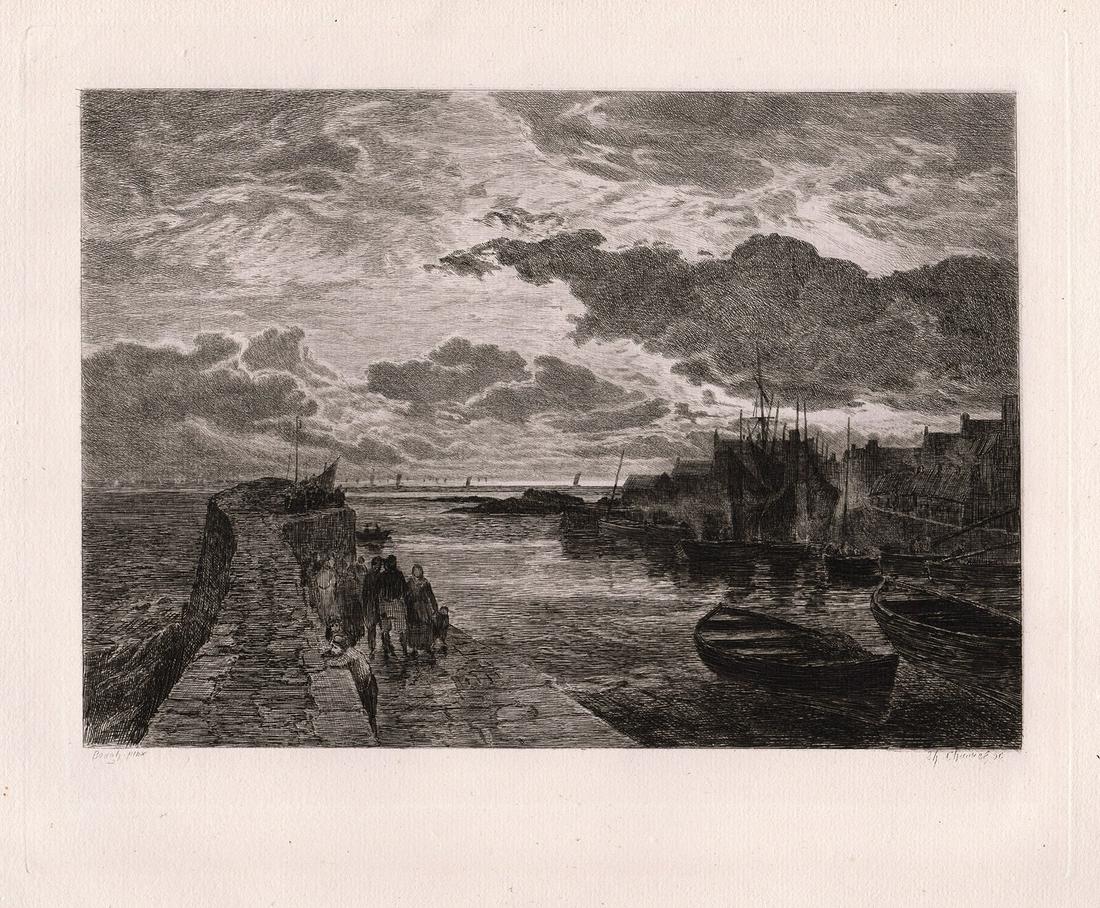 1879 Samuel Bough Cellardyke Harbour, Firth of Forth: Samuel Bough. (English,1822-1878). Cellardyke Harbour, Firth of Forth. Antique copper plate etching on thick laid paper after the original by master etcher Theophile-Narcisse Chauvel (1831-1909). 1879