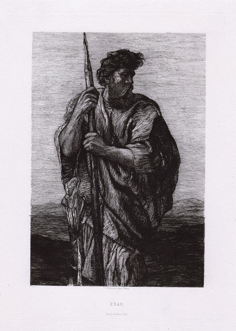 George Federick Watts Esau 1879 etching: George Federick Watts. (English, 1817-1904). "Esau". Antique etching on laid paper after the original by master etcher Leon Richeton. (French, British, 1854-1934). 1879. Excellent. Image size 6 5/8 x 