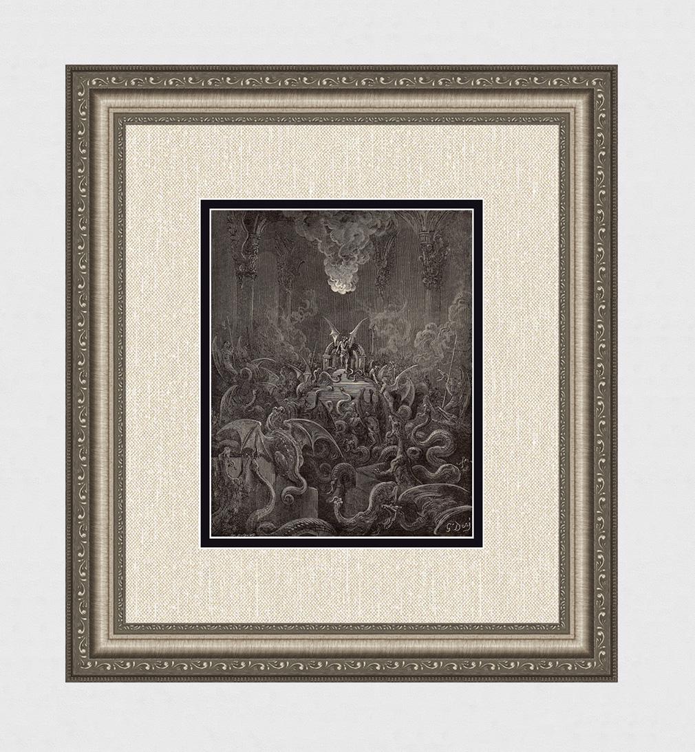 Gustave Dore Satan sits on his Throne (Milton's: Gustave Dore (Paul Gustave Louis Christophe Dore) (French, 1832-1883). Dreadful Was the Din (Milton's Paradise Lost). Antique woodcut wove paper after the original by master wood engraver Louis Paul P