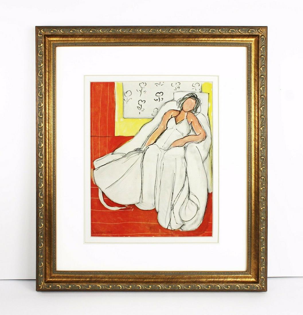 1948 Henri Matisse Girl in White on a Lounge Chair: Henri Matisse. (1869-1954). Girl in White on a Lounge Chair (Jeune Fille En Blanc Sur Une Chaise Lounge). Color heliogravure after the 1944 original painting. 1948. Signed in the plate, lower left. Ex
