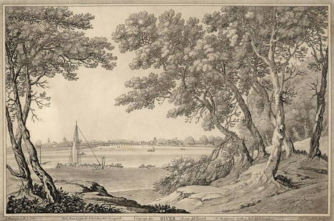 Joseph Farington 1793 Aquatint Milbank SIGNED FRAMED: Joseph Farington (British, 1747–1821). View up the River from Milbank. Antique aquatint engraving on wove paper after the original by master engraver Joseph Constantine Stadler (British, active
