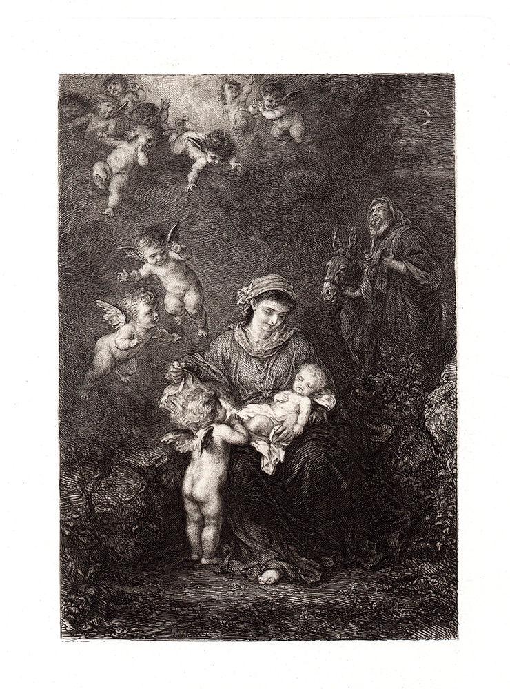 Ludwig Knaus Holy Family 1878 etching: Ludwig Knaus. (German, 1829-1910). "Holy Family". Hand Pulled copper plate etching on laid paper after the original by master engraver, William Unger (German, 1837-1932). 1878. Excellent. This piece i