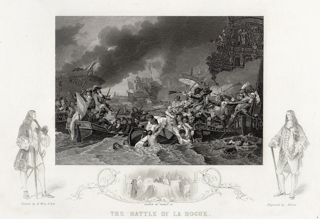 1855 Benjamin West Historic Engraving Battle of La: Benjamin West (1738 - 1820). The Battle of La Hogue. Antique engraving on wove paper after the original oil on canvas by master engraver Joseph Brown (English, 1809-1887). Year: c. 1855. Signed in the