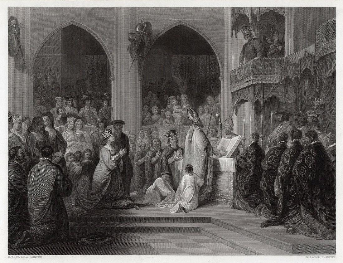 Benjamin West The Installation 1852 Engraving Signed: Benjamin West. The Installation. Antique engraving on wove paper after the original by master engraver William Dean Taylor (London, 1794 - 1857). 1852. Signed in the plate. Image Size â€“ 8 1/8 x