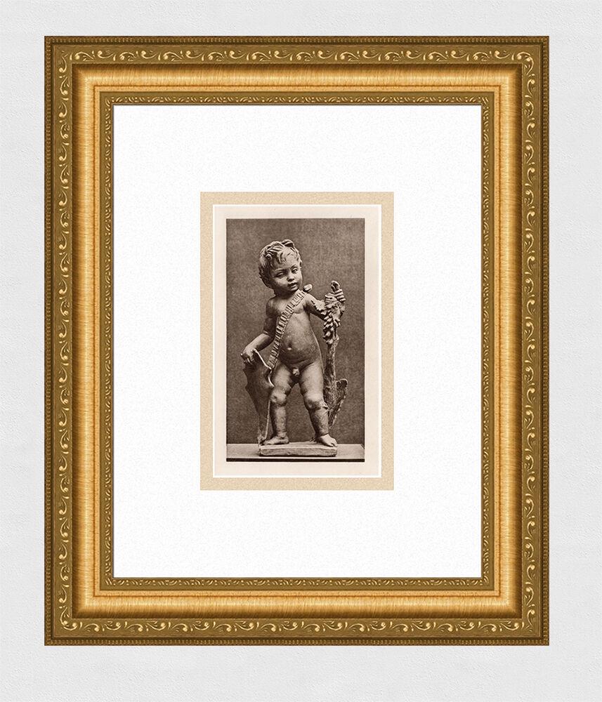 Simone Ferrucci Italian Terracotta, Boy with a Shield: Simone Ferrucci. Italian Terracotta, Boy with a Shield. Antique Heliogravure on wove paper after the original statue by a Master Engraver. 1886. Image Size 4 3/4 x 7 1/2 inches. Framed dimensions: App