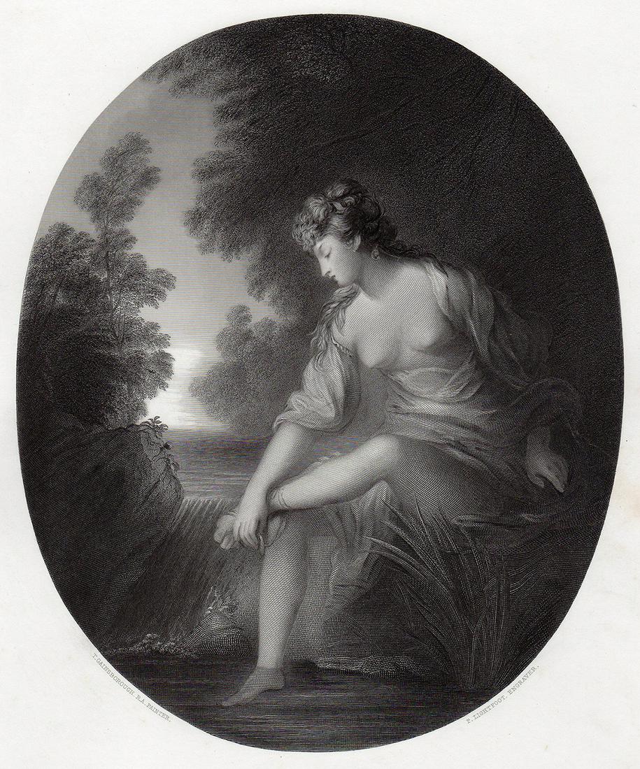 Sir Thomas Gainsborough 1853 Engraving Musidora signed: Sir Thomas Gainsborough. (English, (baptised 1727 - 1788). Musidora. Antique steel engraving on wove paper after the original oil on canvas by Master Engraver Peter Lightfoot (British, 1805 - 1885). 1