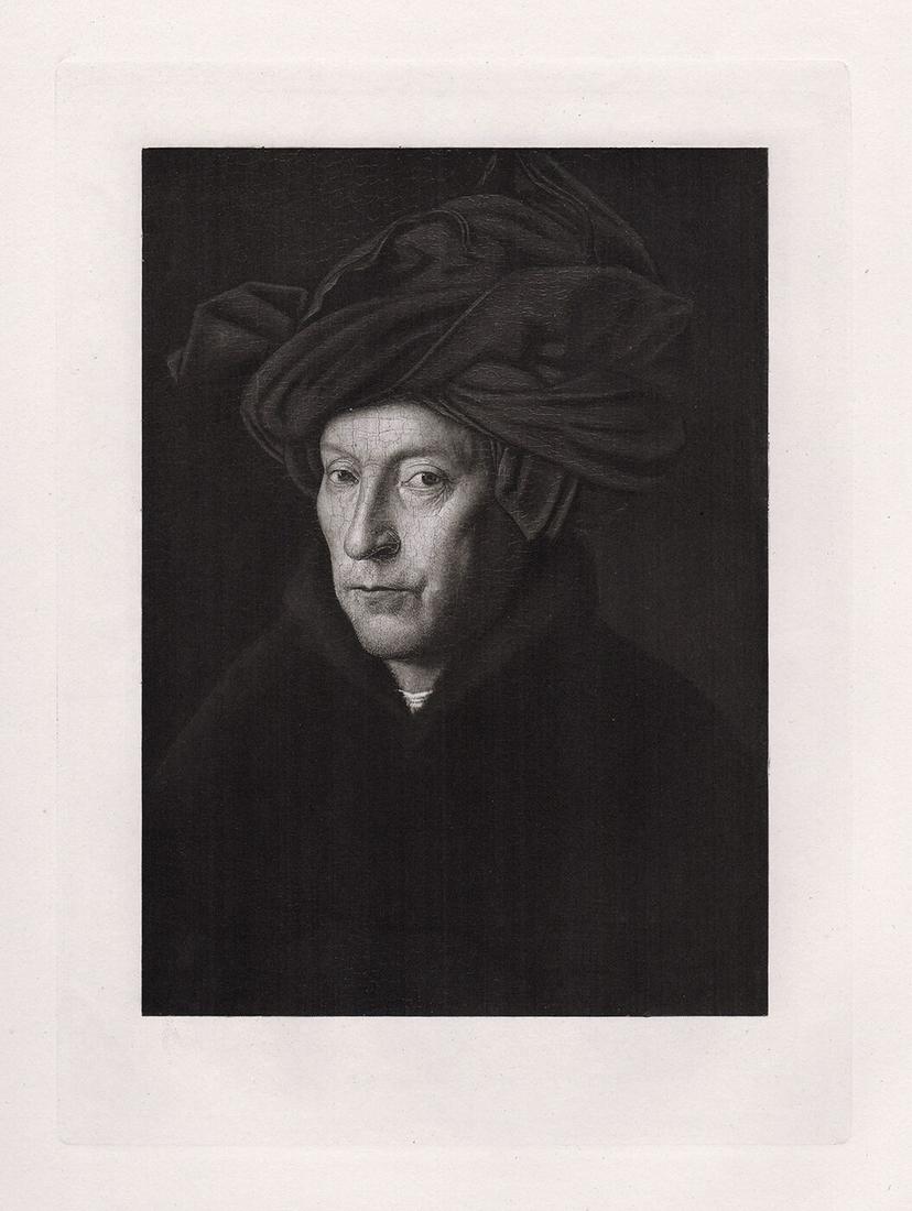 Jan van Eyck Portrait of a Man 1889 Print: Jan van Eyck. Portrait of a Man. Antique Heliogravure on wove paper after the 1433 original oil on oak by a Master Engraver. 1889. Image Size 7 1/4 x 10 inches. Framed dimensions: Approximately 16 x 1