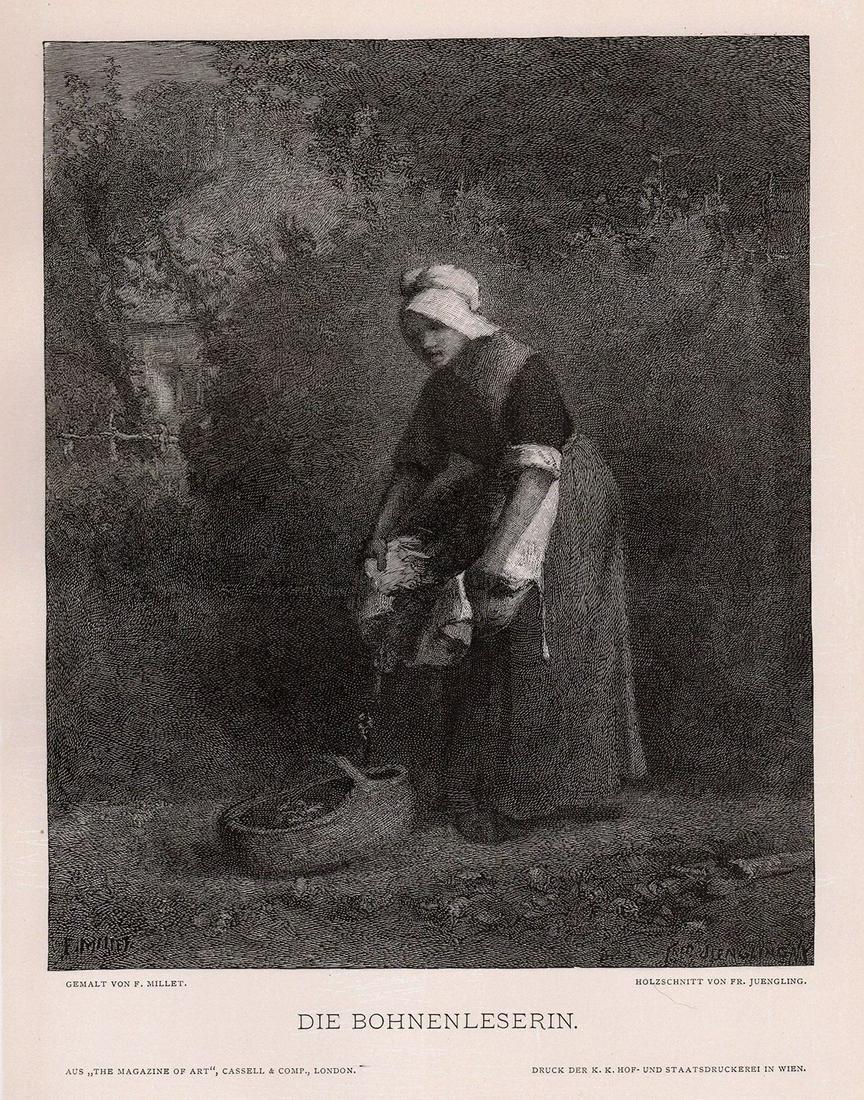 Jean-Francois Millet (French, 1814 - 1875) 1887 woodcut: Jean-Francois Millet (French, 1814 - 1875). Die Bohnenleserin (Gathering Beans). Antique woodcut on wove paper after the original oil on canvas by Master Wood Engraver Frederick Juegling (German, 1846