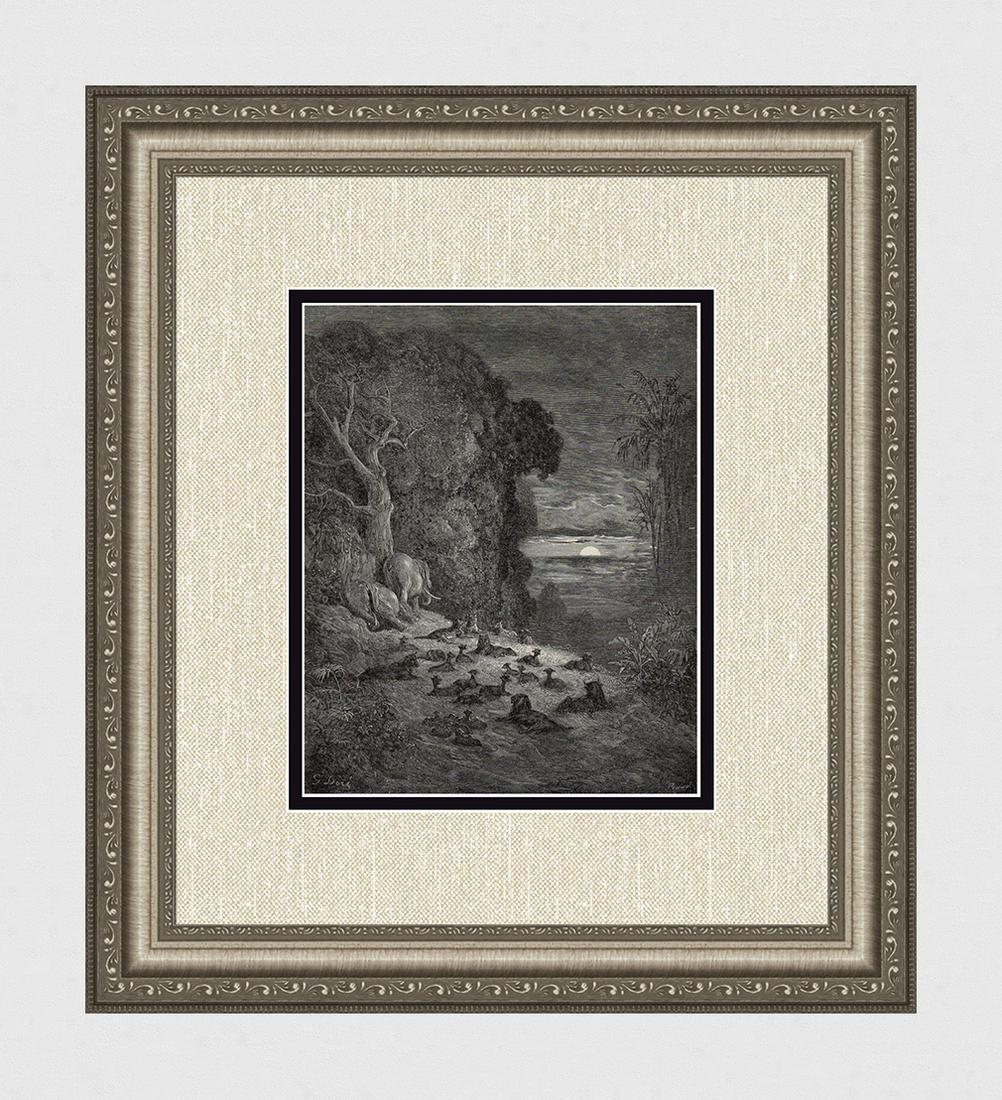 Gustave Dore Sunset in Eden (Milton's Paradise Lost) c.: Gustave Dore (Paul Gustave Louis Christophe Dore) (French, 1832-1883). The seventh evening in Eden (Milton's Paradise Lost). Antique woodcut wove paper after the original by master wood engraver Paul 