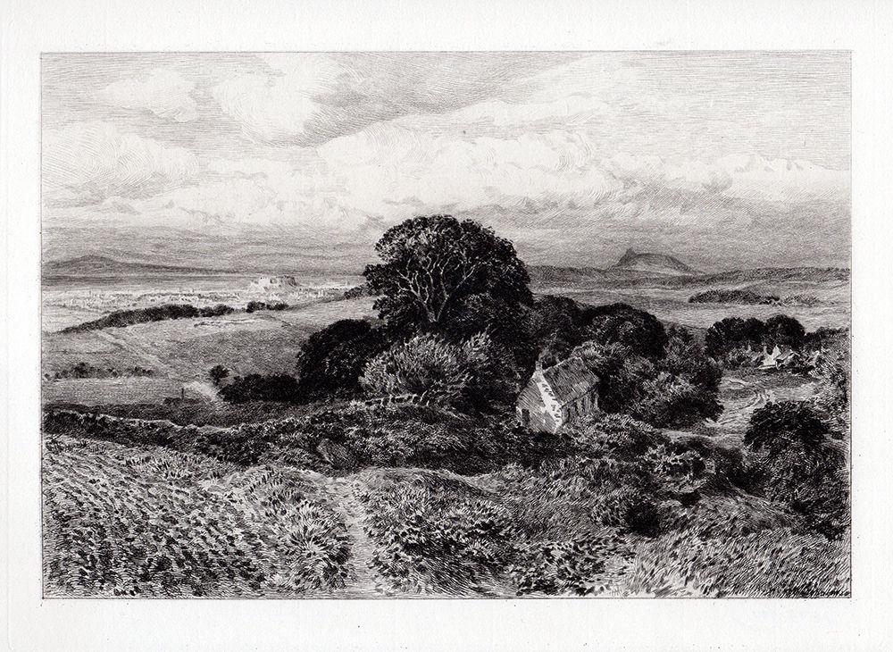 Samuel Bough Distant View 1878 etching: Samuel Bough. (English, 1822-1878). Distant View. Antique etching on thick laid paper after the original by master etcher Alfred Louis Brunet Debaines (French,1822-1878). 1878. Excellent. Image Size 7
