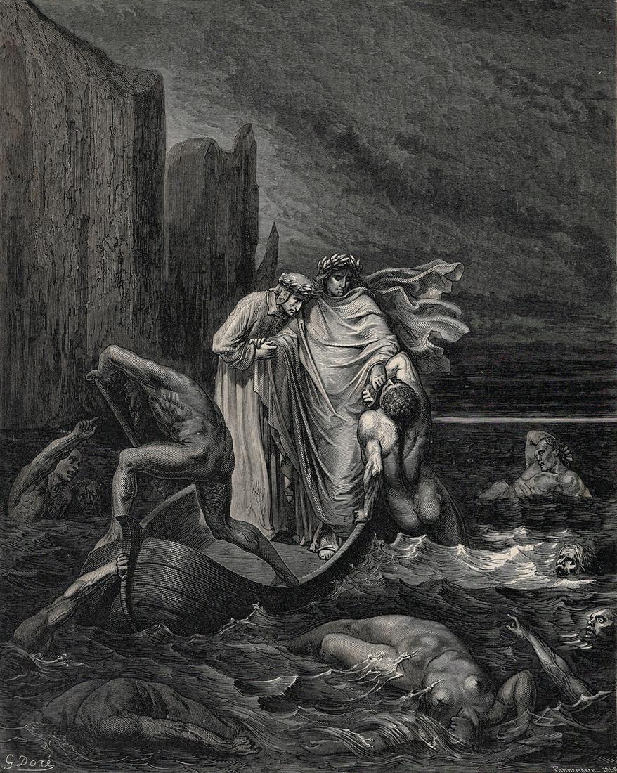 Gustave Dore Wrath Enferno 8 (Dante's Divine Comedy: Gustave Dore (Paul Gustave Louis Christophe Dore) (French, 1832-1883). Chant 8. Wrath - Fillipo Argenti (Dante's Divine Comedy Enferno). Antique woodcut wove paper after the original by master wood en