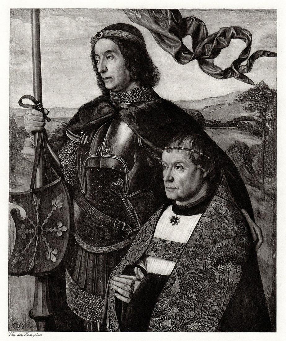 Hugo van der Goes Saint Maurice (or Saint Victor) 1892: Hugo van der Goes. (Flemish, c. 1440 â€” 1482). Saint Maurice (or Saint Victor) with a Donor. Antique heliogravure on wove paper after the original oil on panel by a Master Engraver. 1892. Signed