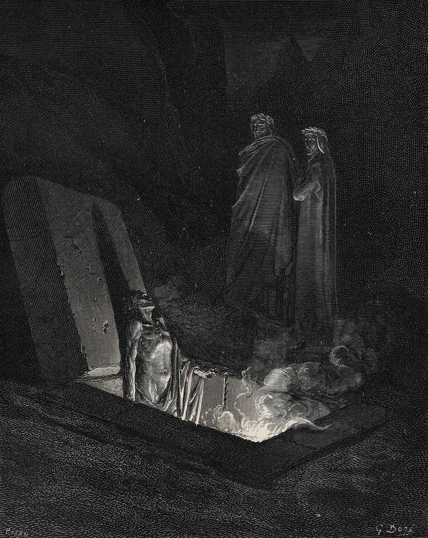 Gustave Dore Chant 10 (Dante's Divine Comedy Enferno): Gustave Dore (Paul Gustave Louis Christophe Dore) (French, 1832-1883). Chant 10. The Heretics (Dante's Divine Comedy Enferno). Antique woodcut wove paper after the original by master wood engraver Hel