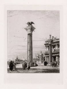 Richard Parkes Bonington Column of St. Mark, at Venice: Richard Parkes Bonington. (English, 1802 -1828). Column of St. Mark, at Venice. Hand Pulled Copper Plate Etching on Laid Paper after the original by master etcher Alfred Louis Brunet Debaines (French,