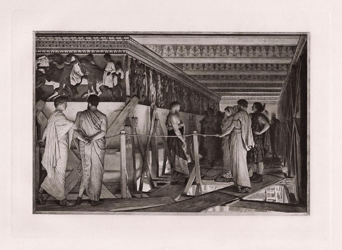 Sir Lawrence Alma Tadema Parthenon 1890 Antique Print: Sir Lawrence Alma-Tadema (born Lourens Alma Tadema)(Dutch, 1836-1912). Phidias (Phidias showing the Frieze of the Parthenon to his Friends). Antique Heliogravure on wove paper after the original paint
