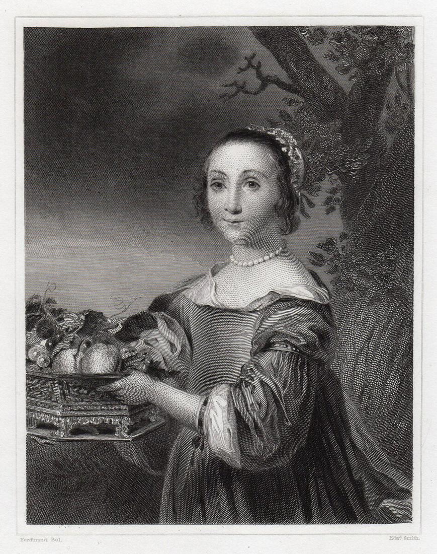 Ferdinand Bol Dutch Lady 1834 engraving signed: Ferdinand Bol. (Dutch, 1616 - 1680). Dutch Lady (Petronella Elias (1648-1667) with a Basket of Fruit). Antique engraving on thick wove paper after the original oil on canvas by master engraver Edward