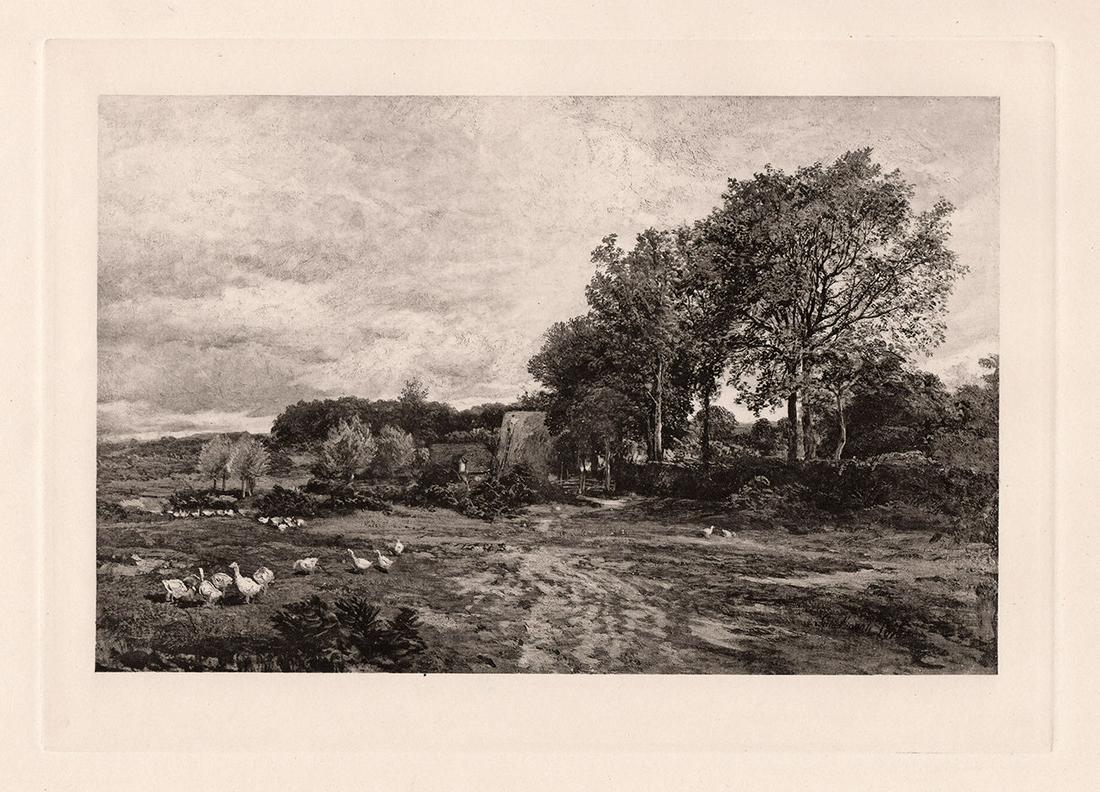 Samuel Bough Holmwood Common print signed: Samuel Bough. (English, 1822-1878). Holmwood Common. Antique Heliogravure on wove paper after the original by master etcher Dujardin. 1887. Signed in the plate lower right. Excellent. Image size 7 3/4