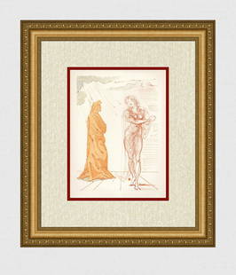 1960 Salvador Dali Virgil Original Woodcut: Salvador Dali. (1904-1989). "Virgil Comforts Dante" Enferno Canto 2. Authentic Original Color Woodcut from The Divine Comedy Printed in 1960 on B.F.K. Rives Paper ( this is not a reproduction, copy, o