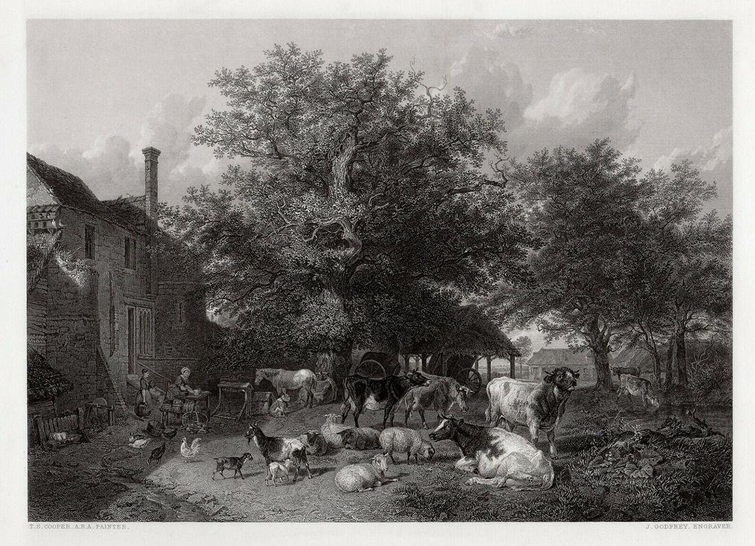 1852 Thomas Sidney Cooper Engraving "The Farm-Yard" (1 of 2)
