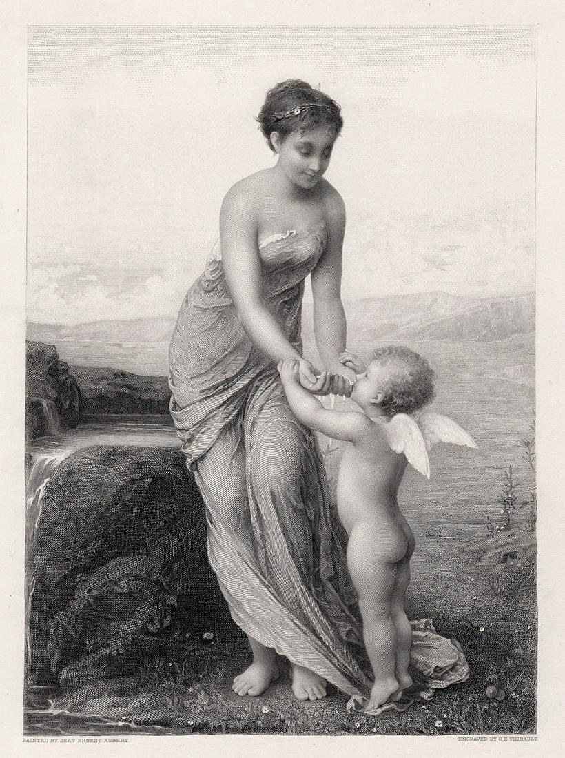 1884 Jean-Ernest Aubert (or Ernest-Jean Aubert): Jean-Ernest Aubert (or Ernest-Jean Aubert) (French, 1824 - 1906). At the Fountain. Antique steel engraving on wove paper after the original by master engraver C.E. Thibault. 1884. Signed in the plate.