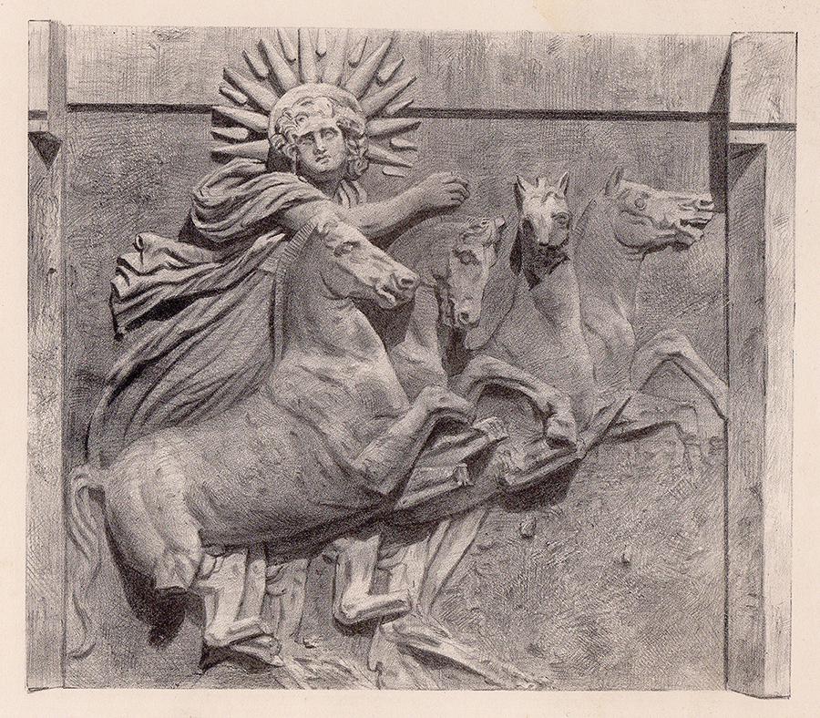 Edward Mitchell Ancient Greek Sculpture 1874 lithograph: Edward H. Mitchell. The Car of Helios (Ancient Greek Sculpture). Antique Stone Lithograph on wove paper. 1874. Excellent. Image Size 8 x 9 1/8 inches. Approximately 16 x 18 inches. This piece has been