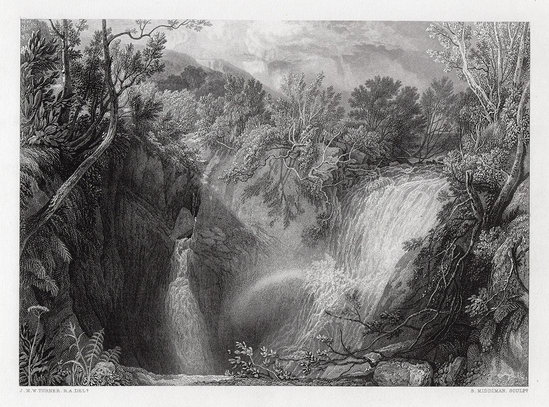 Joseph Mallord William Turner Weathercote Cave,: Joseph Mallord William Turner. (English, 1775-1851). Weathercote Cave, Yorkshire. Antique Steel Engraving on wove paper after the original watercolor on paper by master engraver Samuel Middiman (Engli