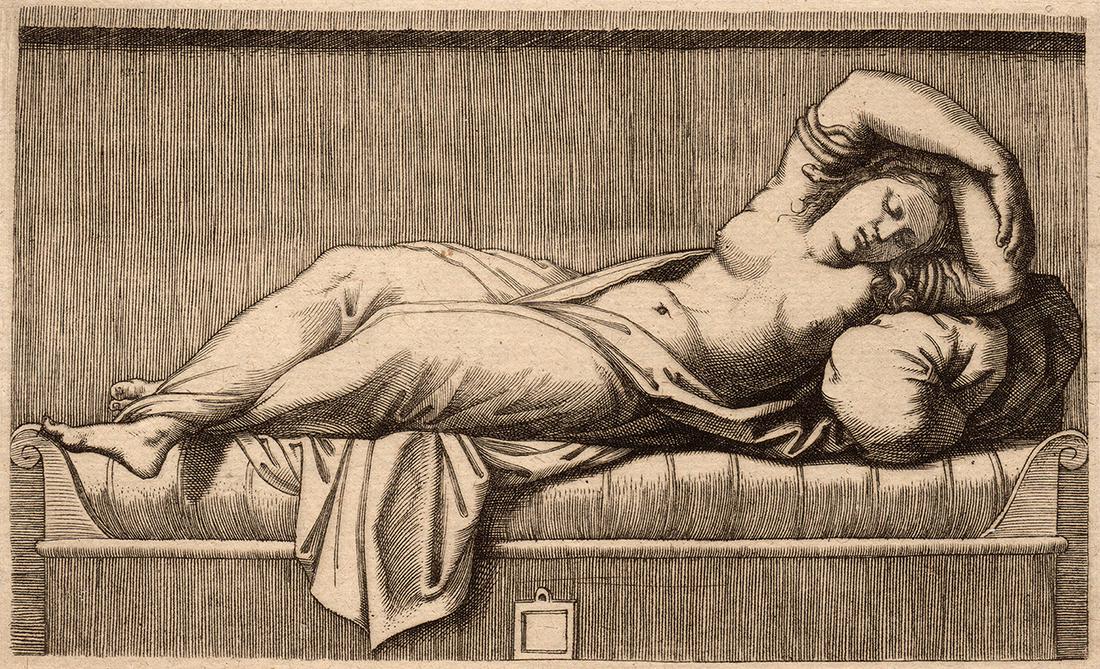 1876 Raphael Engraving Cleopatra Durand Goring Unique: Raphael (Italian, 1483-1520). Cleopatra, Partly Naked Laying on a Bed. (From Hermann Goring's private collection at Bergfhof). Antique Copper plate engraving on laid paper executed by master engraver 
