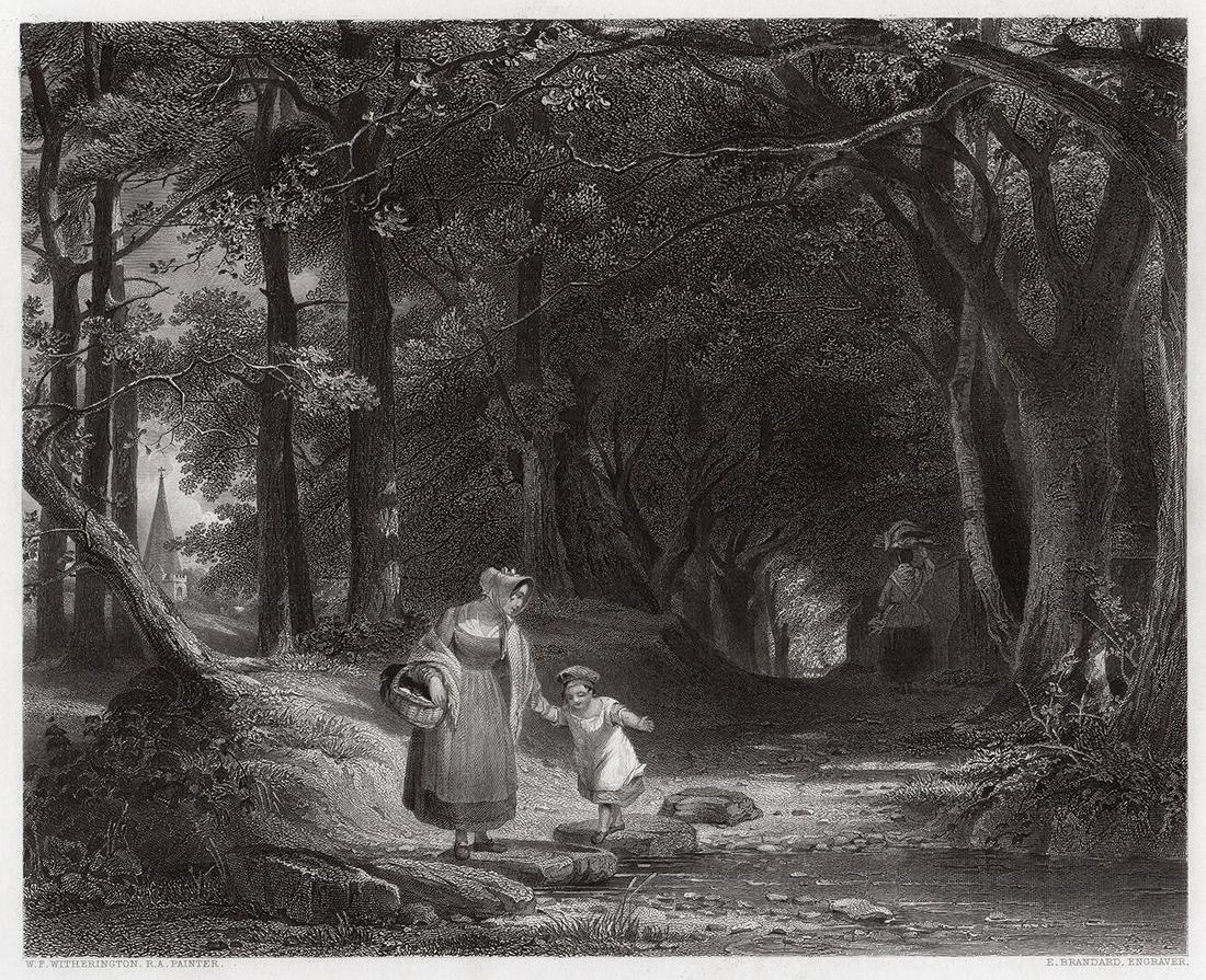 William Frederick Witherington RA The Stepping Stones: William Frederick Witherington RA. (English, 1785 - 1865). The Stepping Stones (Stepping Stones on the Machno, North Wales - Study from Nature). Antique Engraving on wove paper after the original oil