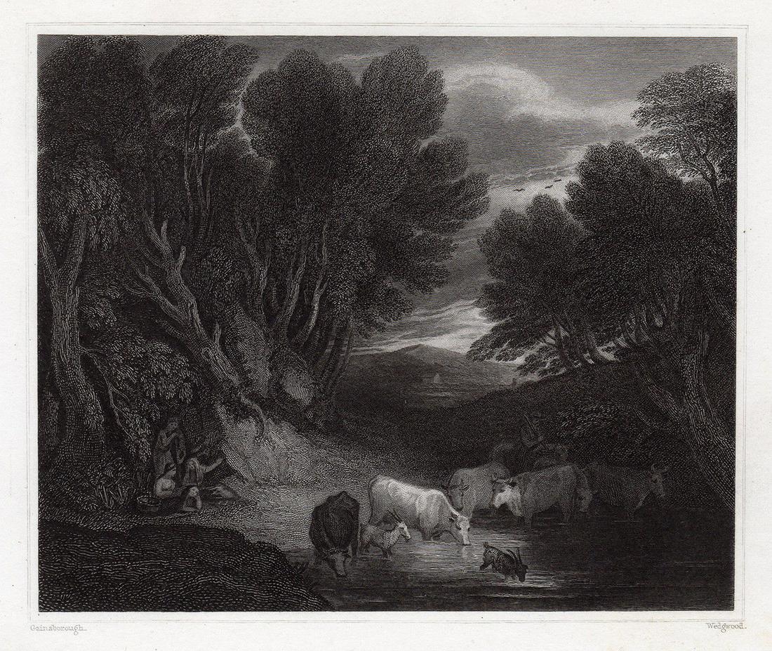 1834 Sir Thomas Gainsborough The Watering Place: Sir Thomas Gainsborough. (English, baptised 1727 - 1788). The Watering Place. Antique steel engraving on wove paper after the original oil on canvas by Master engraver John Taylor Wedgwood (English, 1