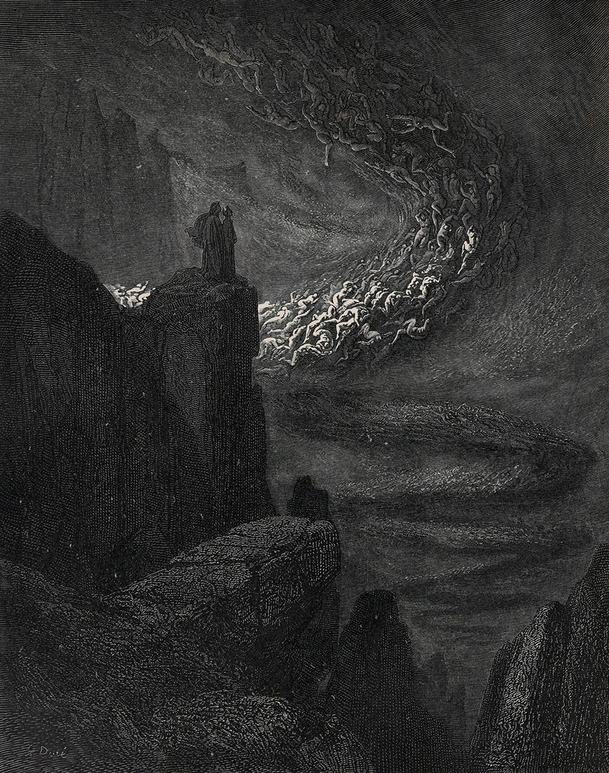 Gustave Dore Storm of Souls (Dante's Divine Comedy: Gustave Dore (Paul Gustave Louis Christophe Dore) (French, 1832-1883). The Storm of Sous. (Dante's Divine Comedy Enferno). Antique woodcut wove paper after the original by master wood engraver L. Dumo