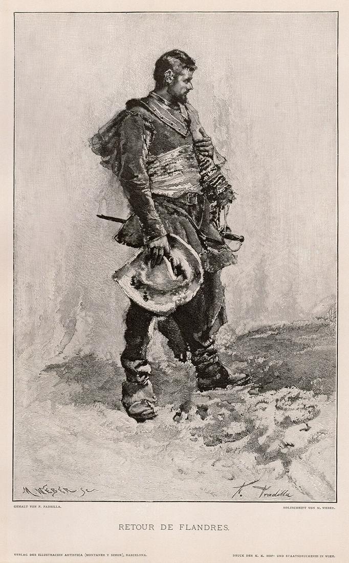 Francisco Pradilla Ortiz Retour De Flandres (Return from Flanders) 1887 Woodcut Signed: Francisco Pradilla Ortiz. Retour De Flandres (Return from Flanders). Antique woodcut on wove paper after the original painting by master wood engraver Max Weber (American, 1881-1961). 1887. Signed in