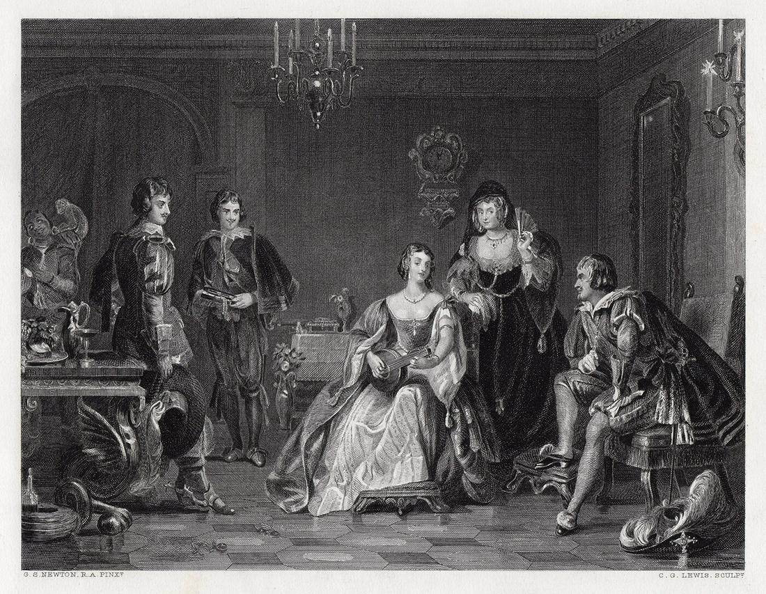 1878 Gilbert Stuart Newton The Prince of Spain's Visit to Catalina engraving signed: Gilbert Stuart Newton. (British, 1795 - 1835). The Prince of Spain's Visit to Catalina. Antique steel engraving on wove paper after the original by master engraver Charles George Lewis (English, 1808-