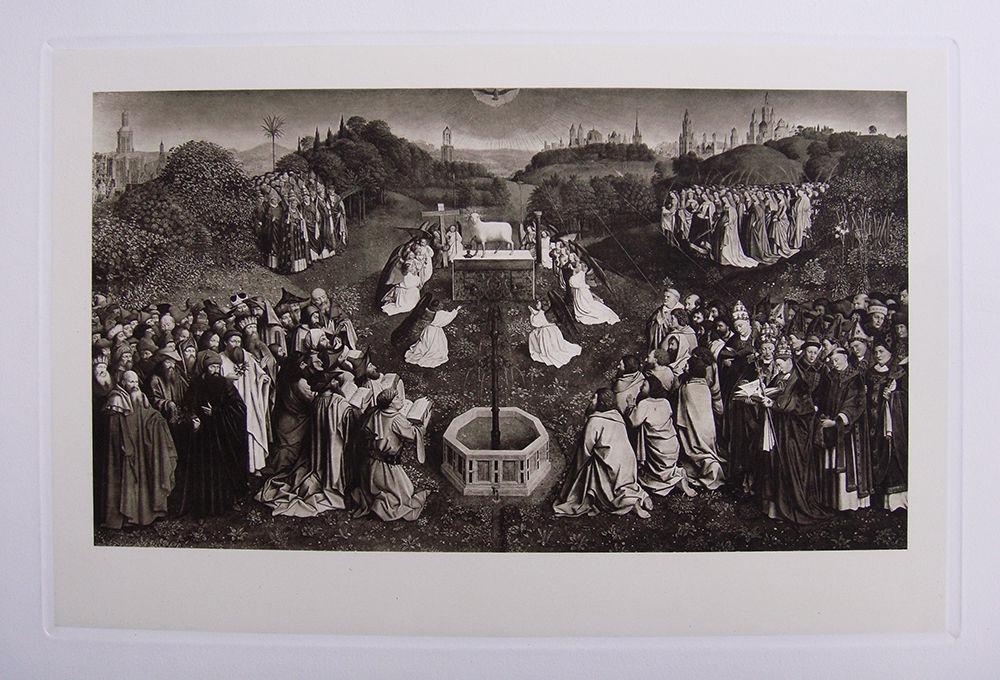Jan van Eyck Adoration of the Lamb c. 1880 print: Jan van Eyck. (Netherlandish, before c. 1390-1441). Adoration of the Lamb. Antique heliogravure on heavy wove paper after the original by a Master Engraver. c. 1880. Excellent. Image Size 6 1/2 x 11 3