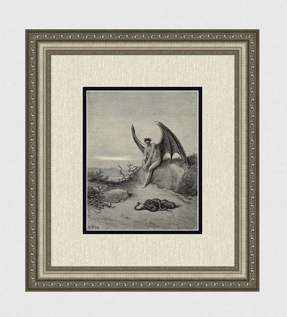 Gustave Dore Satan and the Serpent (Milton's Paradise Lost) c. 1880 Woodcut Signed: Gustave Dore (Paul Gustave Louis Christophe Dore) (French, 1832-1883). Satan observing the Serpent (Milton's Paradise Lost). Antique woodcut wove paper after the original by master wood engraver Jean